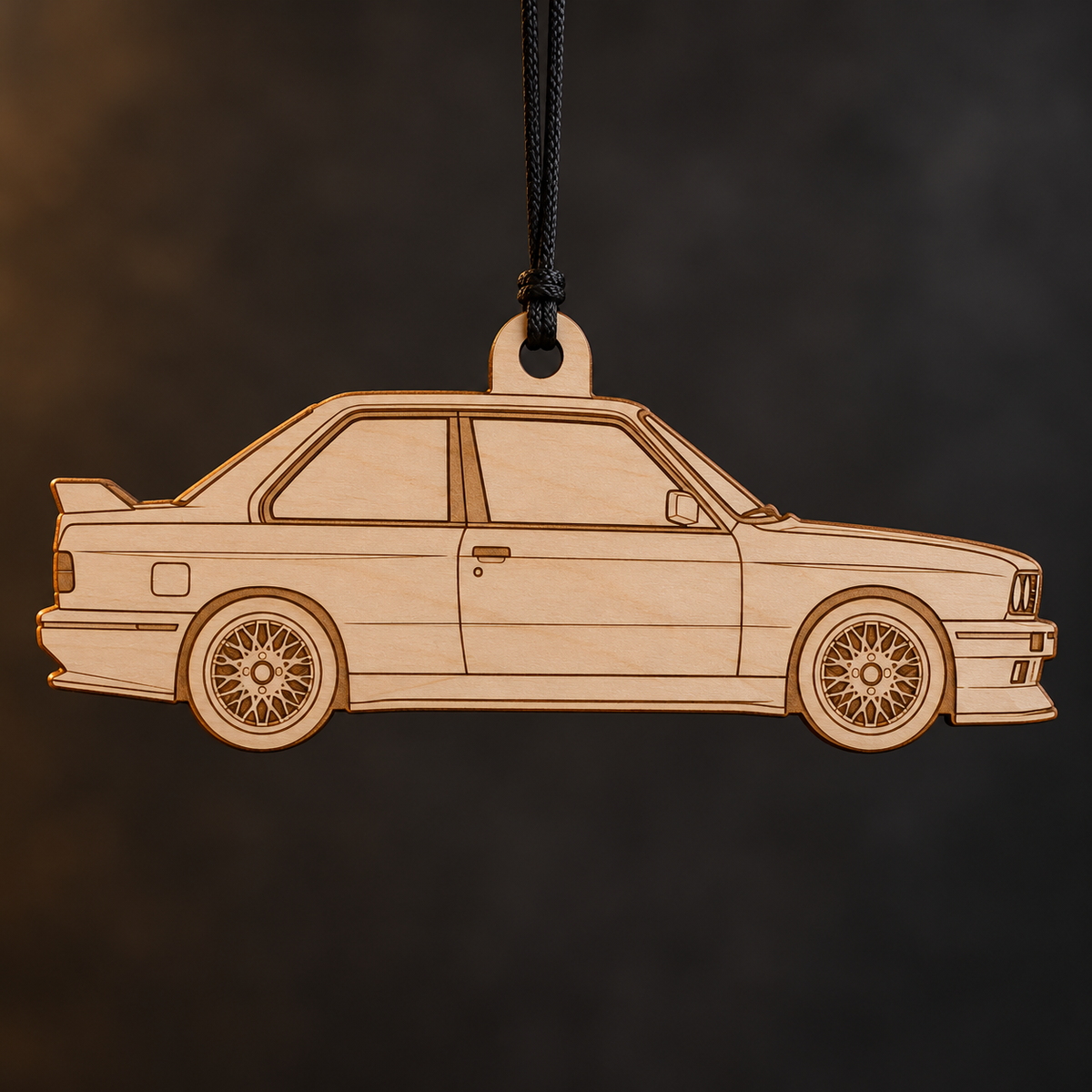 1990 BMW M3 Coupe flat Birch Ply ornament with brown laser-engraved outlines