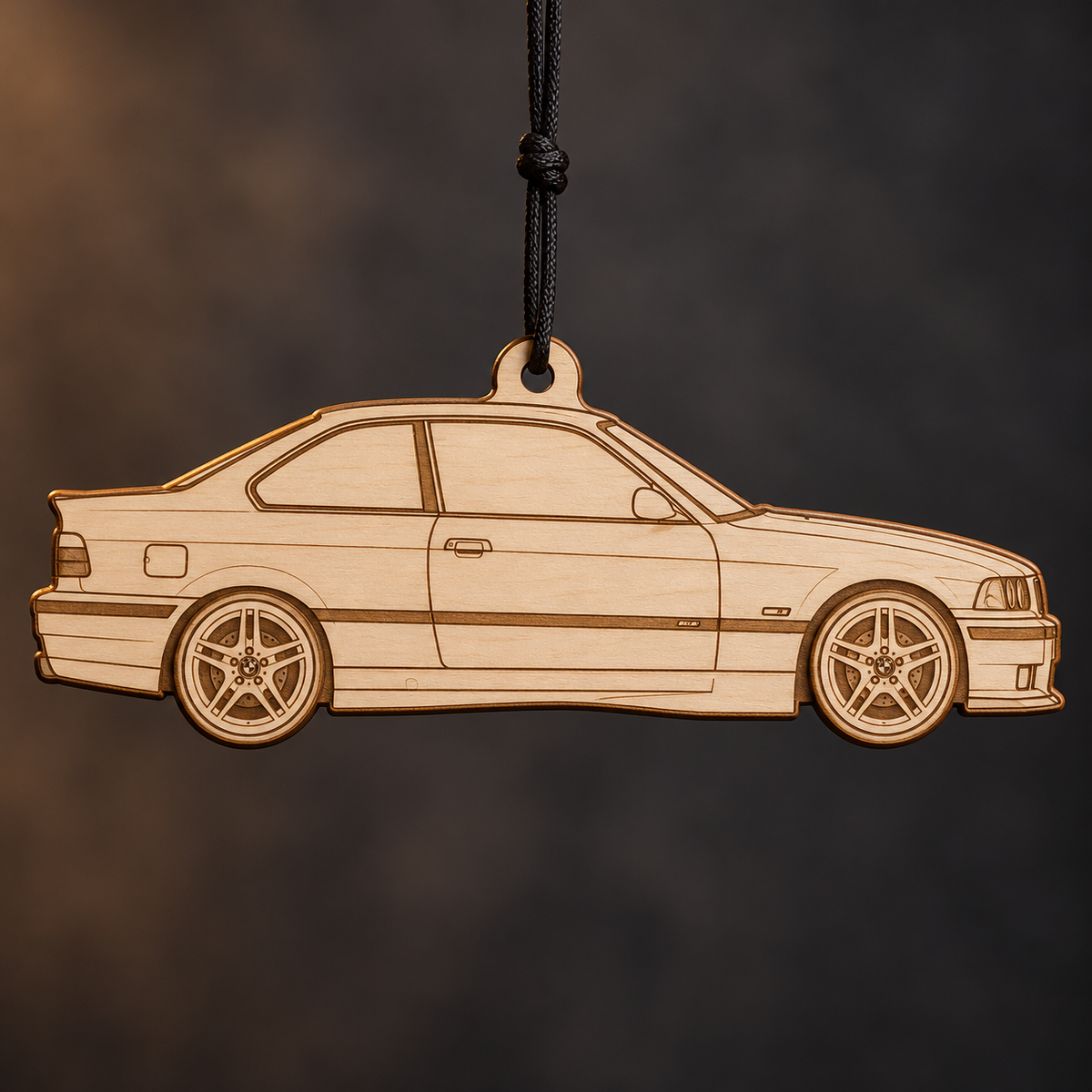 1997–1999 BMW M3 Coupe flat Birch Ply ornament with brown laser-engraved outlines