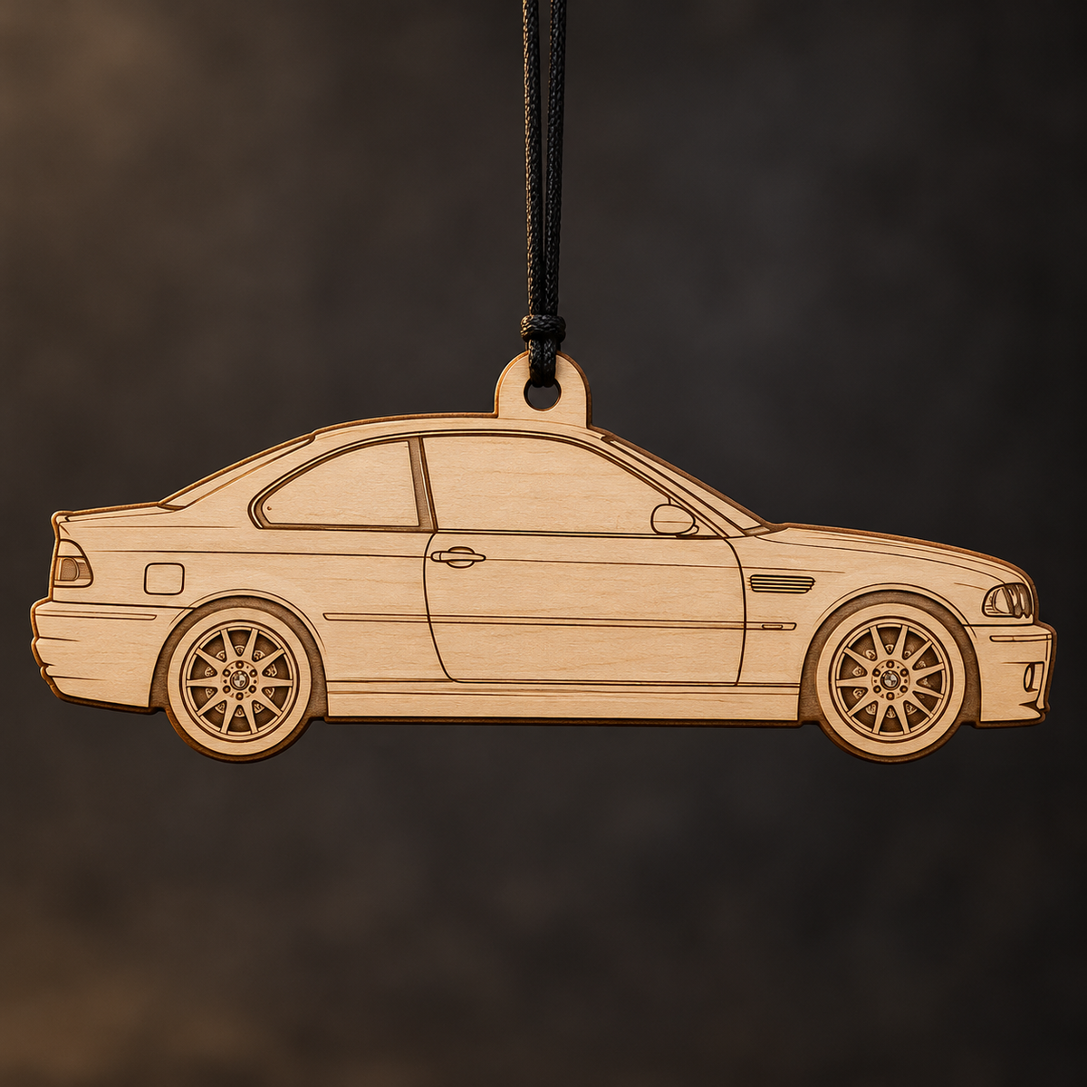 2004 BMW M3 Coupe flat Birch Ply ornament with brown laser-engraved outlines