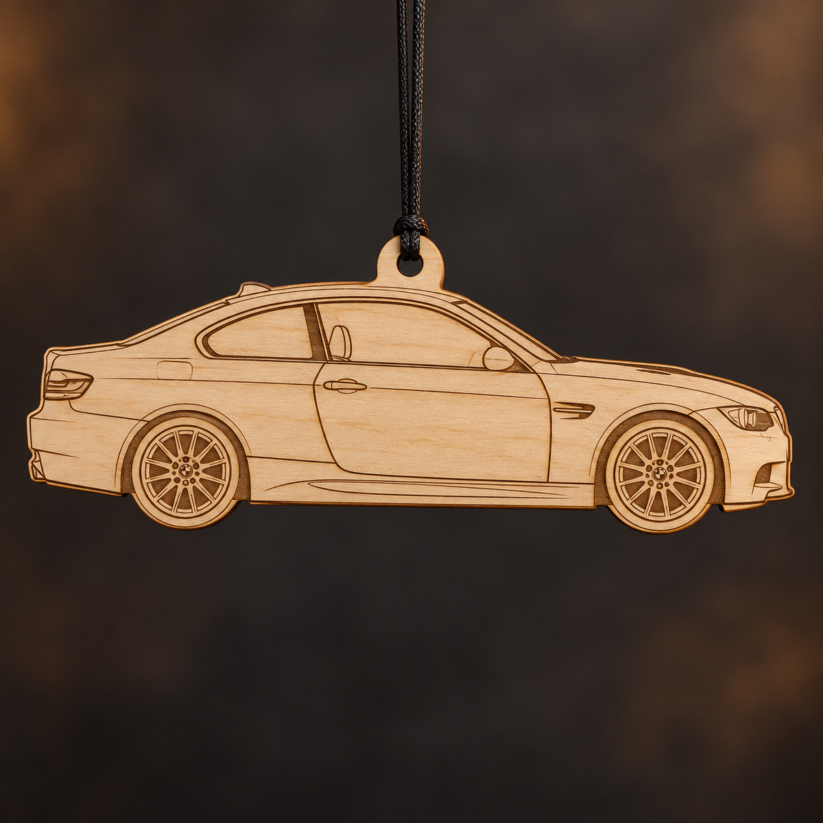 2011–2013 BMW M3 Coupe flat Birch Ply ornament with brown laser-engraved outlines