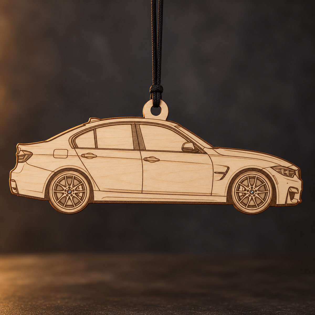 2018 BMW M3 Sedan flat Birch Ply ornament with brown laser-engraved outlines