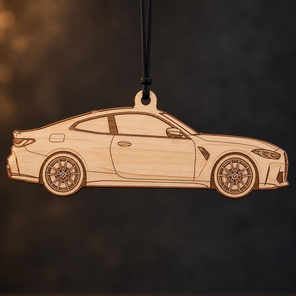 2021 BMW M4 Coupe flat Birch Ply ornament with brown laser-engraved outlines