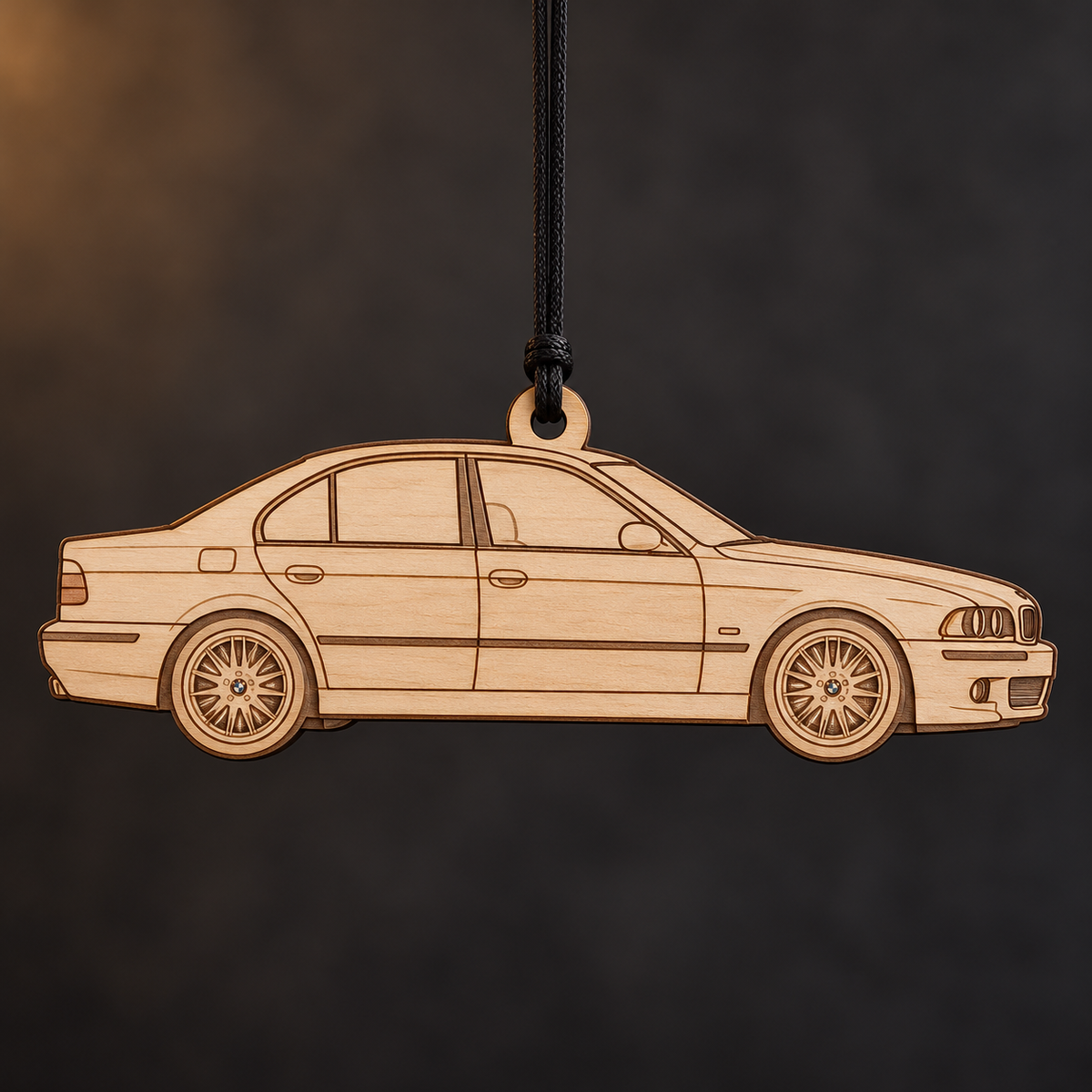 2001–2003 BMW M5 Sedan flat Birch Ply ornament with brown laser-engraved outlines