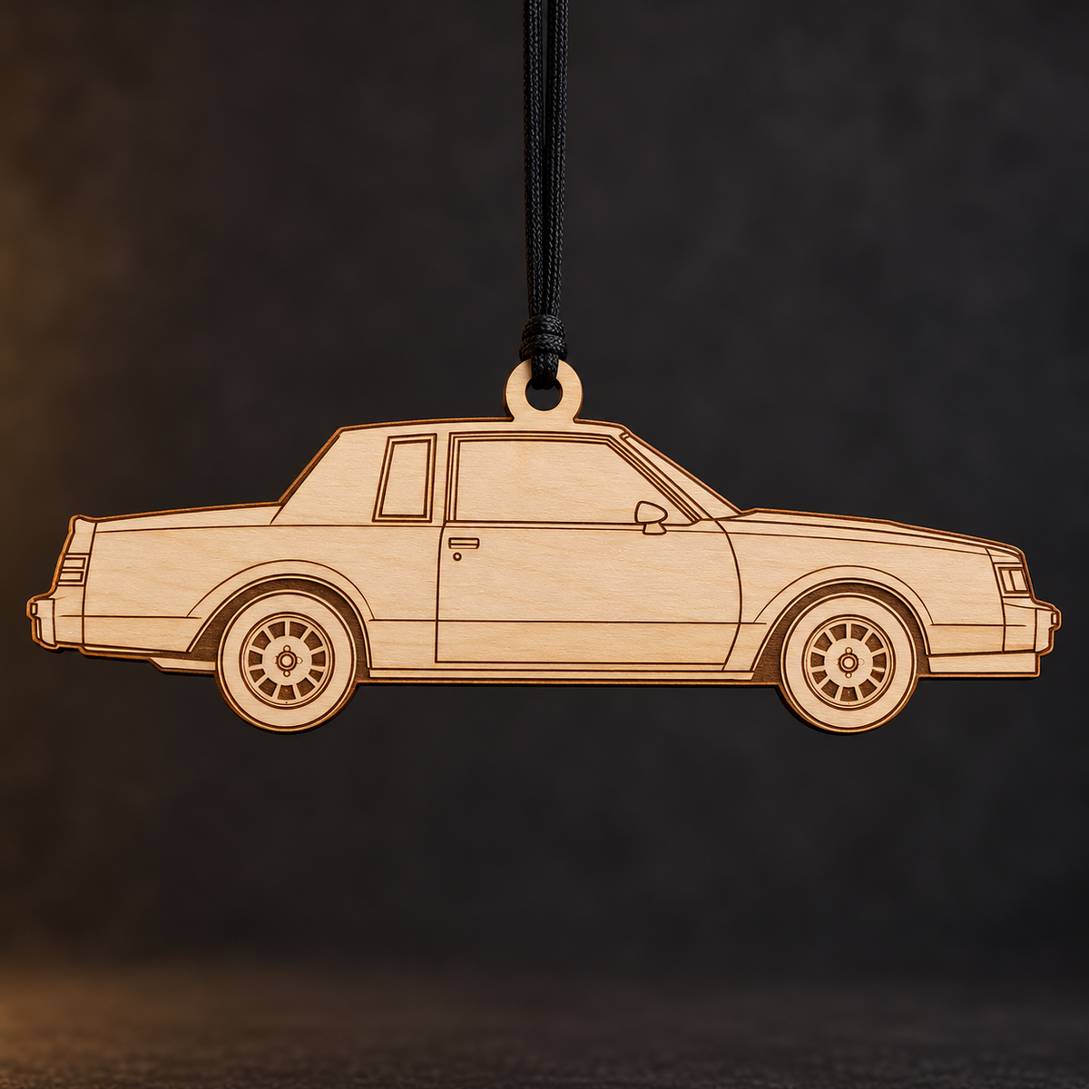 1987 Buick Regal Coupe flat Birch Ply ornament with brown laser-engraved outlines