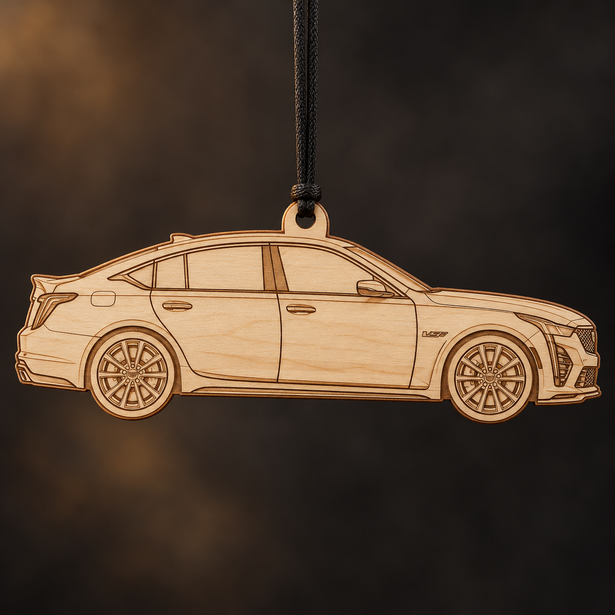2022–2024 Cadillac CT5-V Blackwing Sedan flat Birch Ply ornament with brown laser-engraved outlines