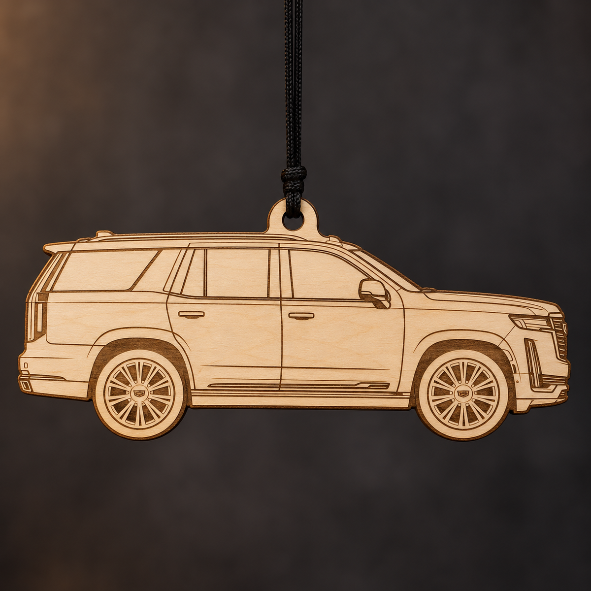 2021 Cadillac Escalade SUV flat Birch Ply ornament with brown laser-engraved outlines