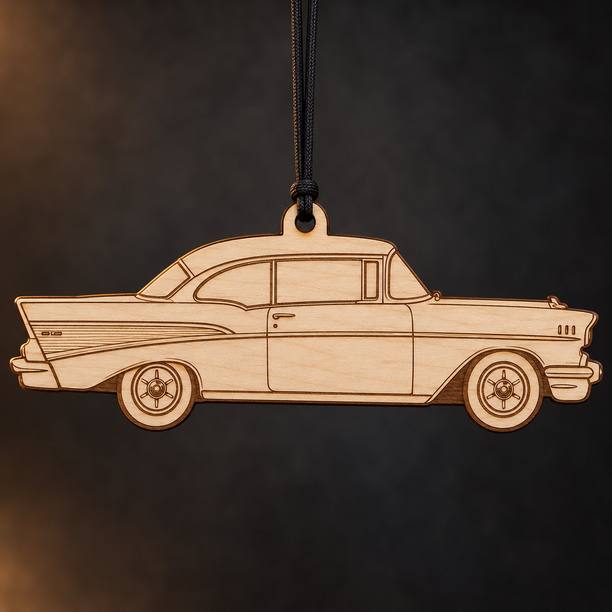 1957 Chevrolet Bel Air Coupe flat Birch Ply ornament with brown laser-engraved outlines