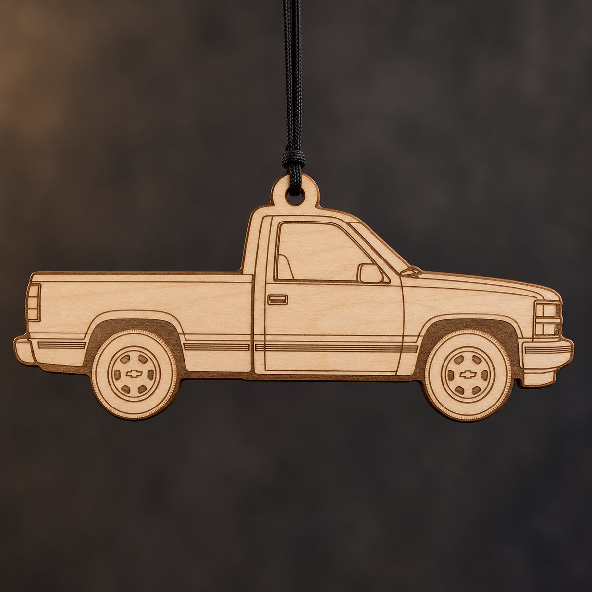 1990 Chevrolet C1500 Pickup flat Birch Ply ornament with brown laser-engraved outlines