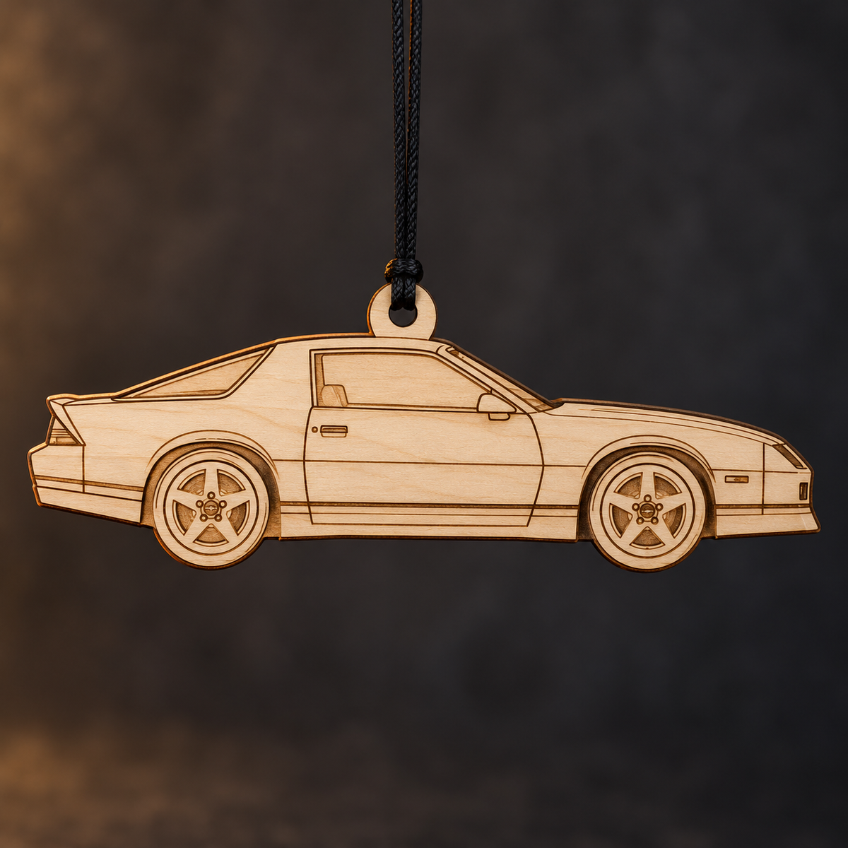 1985–1990 Chevrolet Camaro IROC-Z Hatchback flat Birch Ply ornament with brown laser-engraved outlines