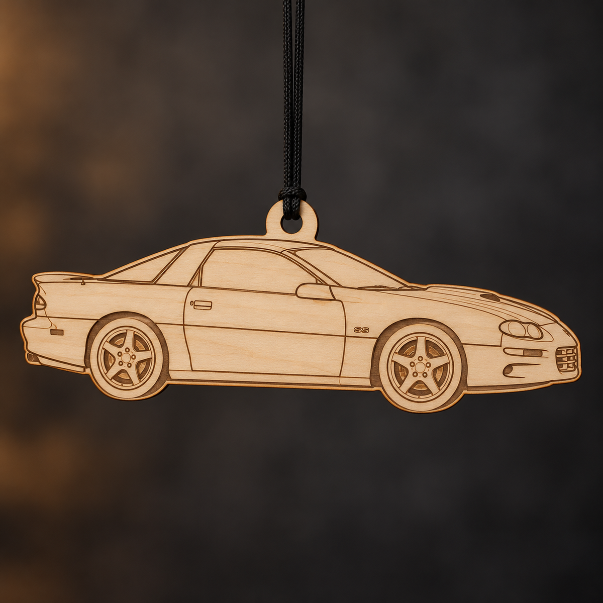 1998–2002 Chevrolet Camaro SS Coupe flat Birch Ply ornament with brown laser-engraved outlines