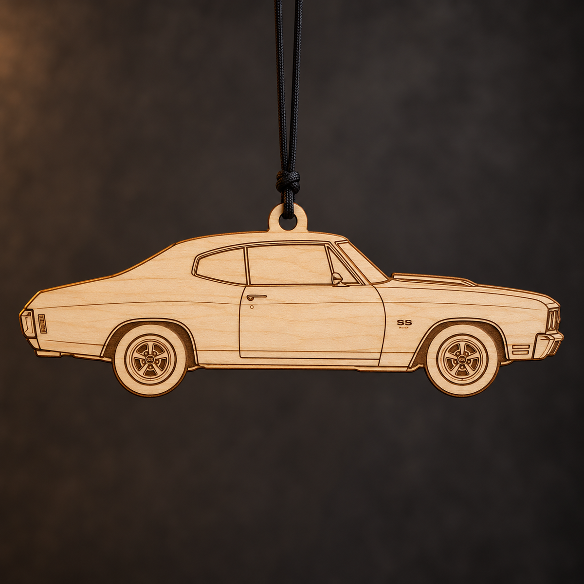 1970 Chevrolet Chevelle Coupe flat Birch Ply ornament with brown laser-engraved outlines