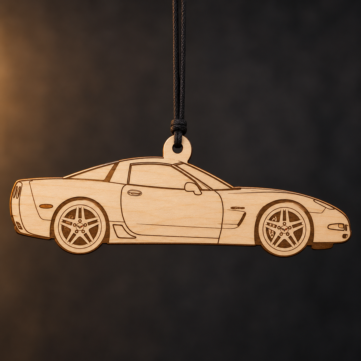 2001–2004 Chevrolet Corvette Z06 Coupe flat Birch Ply ornament with brown laser-engraved outlines