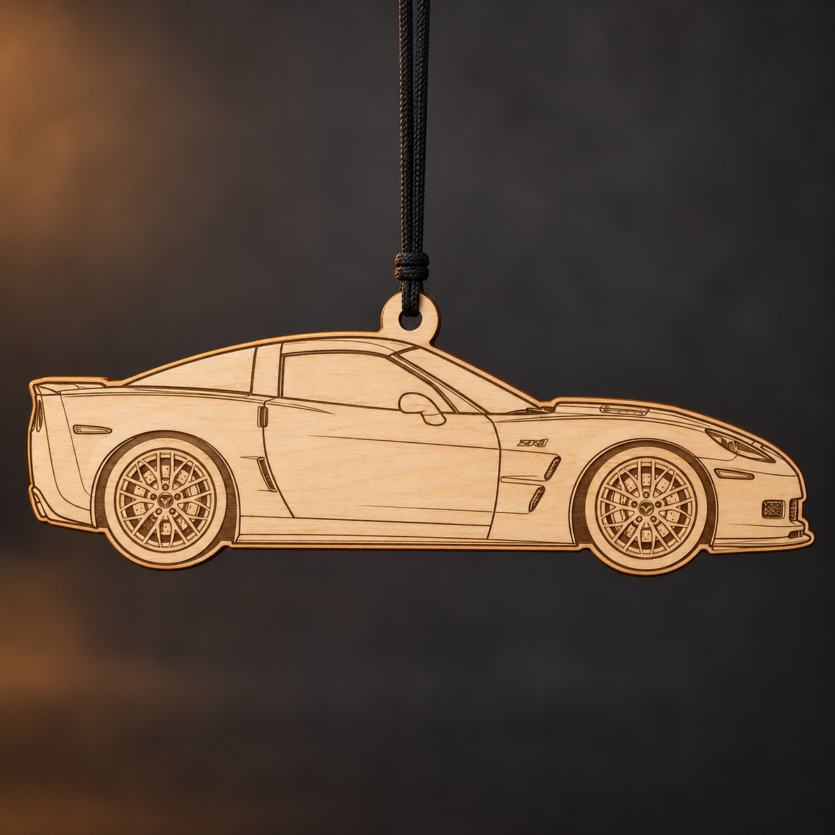 2009–2013 Chevrolet Corvette ZR1 Coupe flat Birch Ply ornament with brown laser-engraved outlines