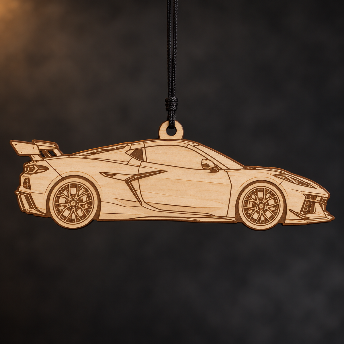 2025–2026 Chevrolet Corvette ZR1 Coupe flat Birch Ply ornament with brown laser-engraved outlines