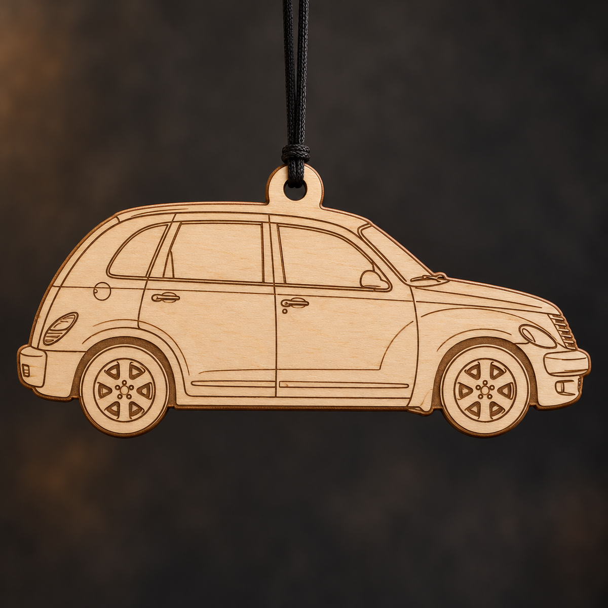 2003 Chrysler PT Cruiser Wagon flat Birch Ply ornament with brown laser-engraved outlines