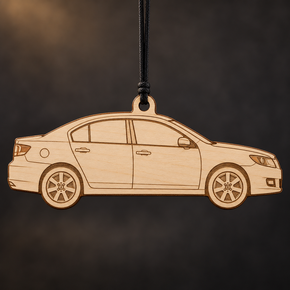2012 Coda Sedan flat Birch Ply ornament with brown laser-engraved outlines
