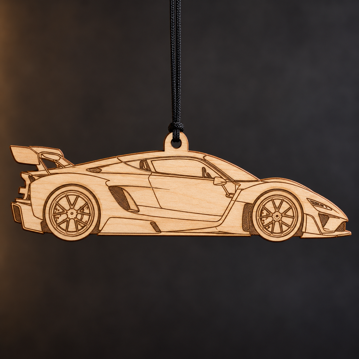2023 Czinger 21C Coupe flat Birch Ply ornament with brown laser-engraved outlines