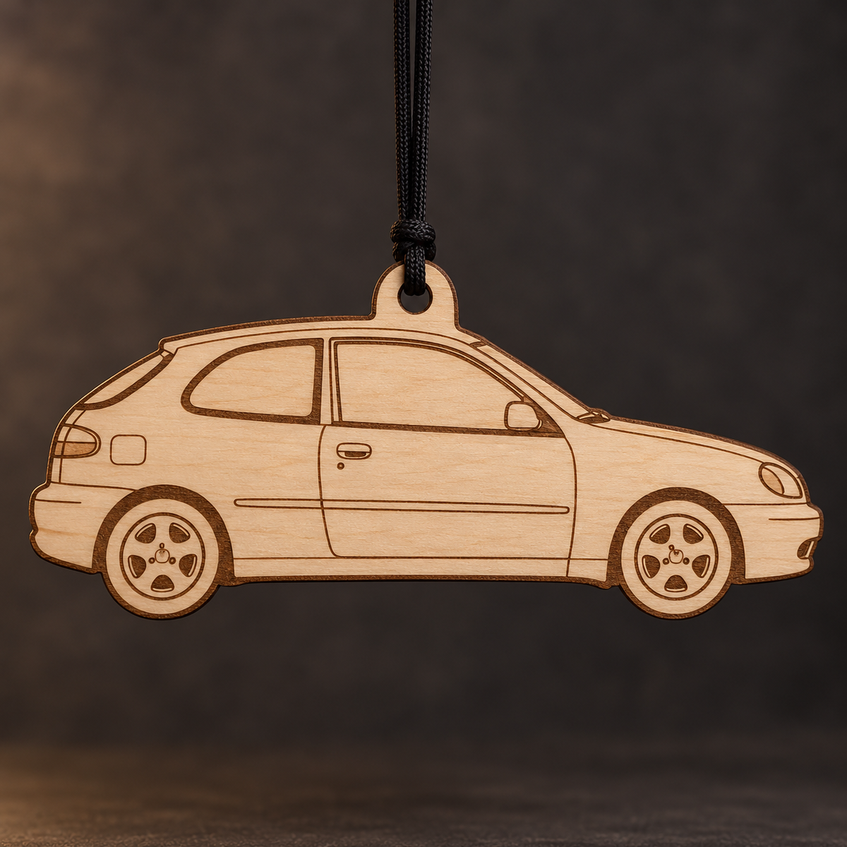2000 Daewoo Lanos Hatchback flat Birch Ply ornament with brown laser-engraved outlines