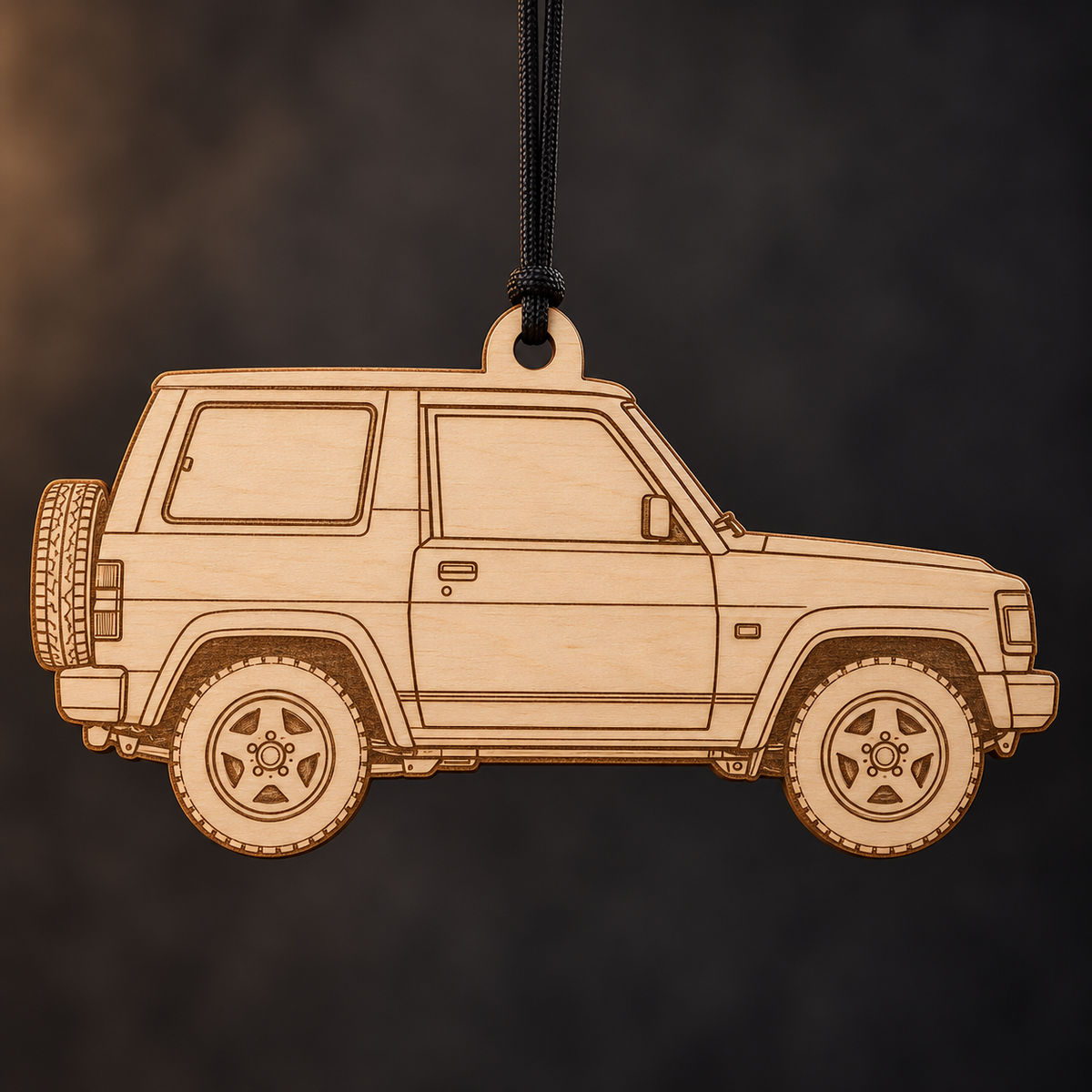 1991 Daihatsu Rocky SUV flat Birch Ply ornament with brown laser-engraved outlines