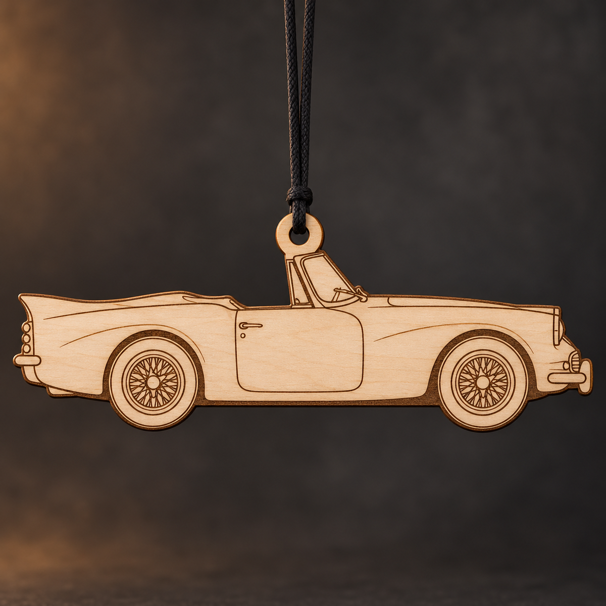1962 Daimler SP250 Roadster flat Birch Ply ornament with brown laser-engraved outlines