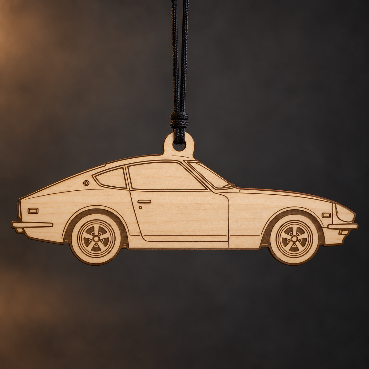 1971 Datsun 240Z Coupe flat Birch Ply ornament with brown laser-engraved outlines