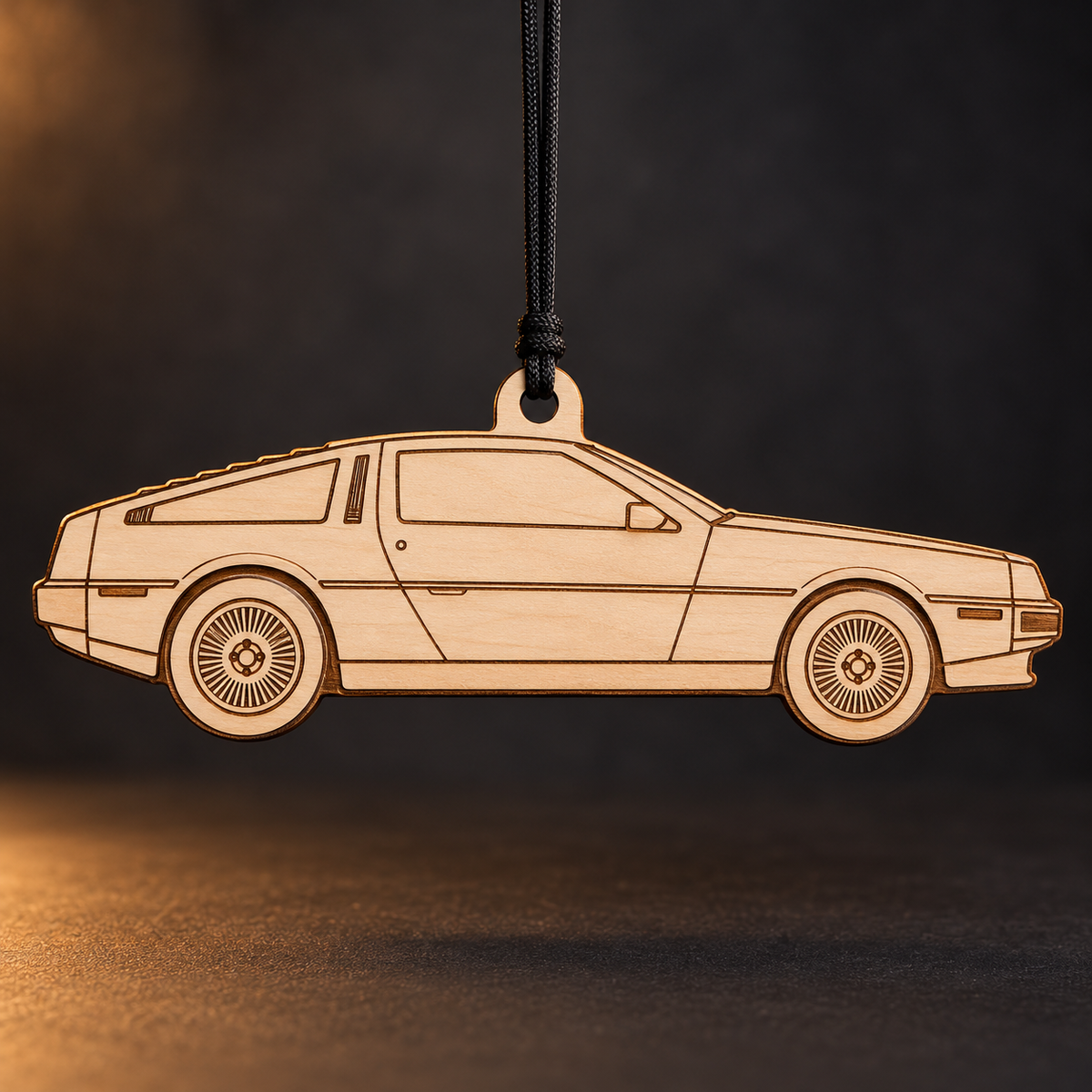 1981 DeLorean DMC-12 Coupe flat Birch Ply ornament with brown laser-engraved outlines