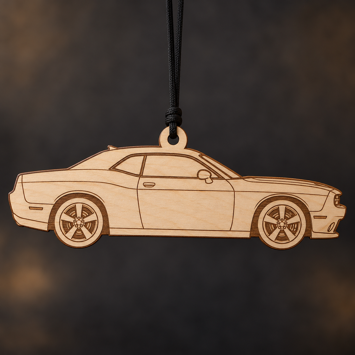 2018 Dodge Challenger Coupe flat Birch Ply ornament with brown laser-engraved outlines