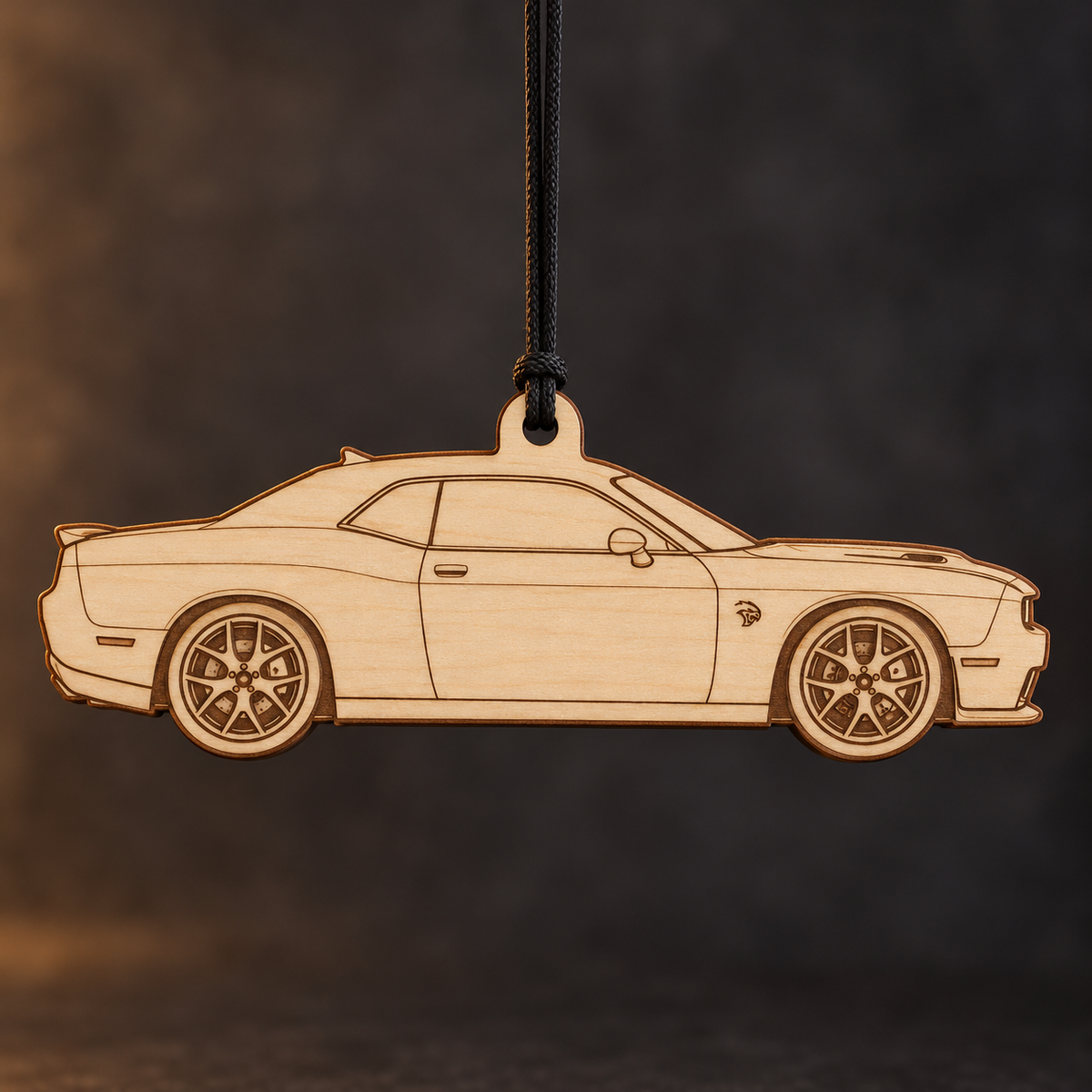 2015–2018 Dodge Challenger SRT Hellcat Coupe flat Birch Ply ornament with brown laser-engraved outlines