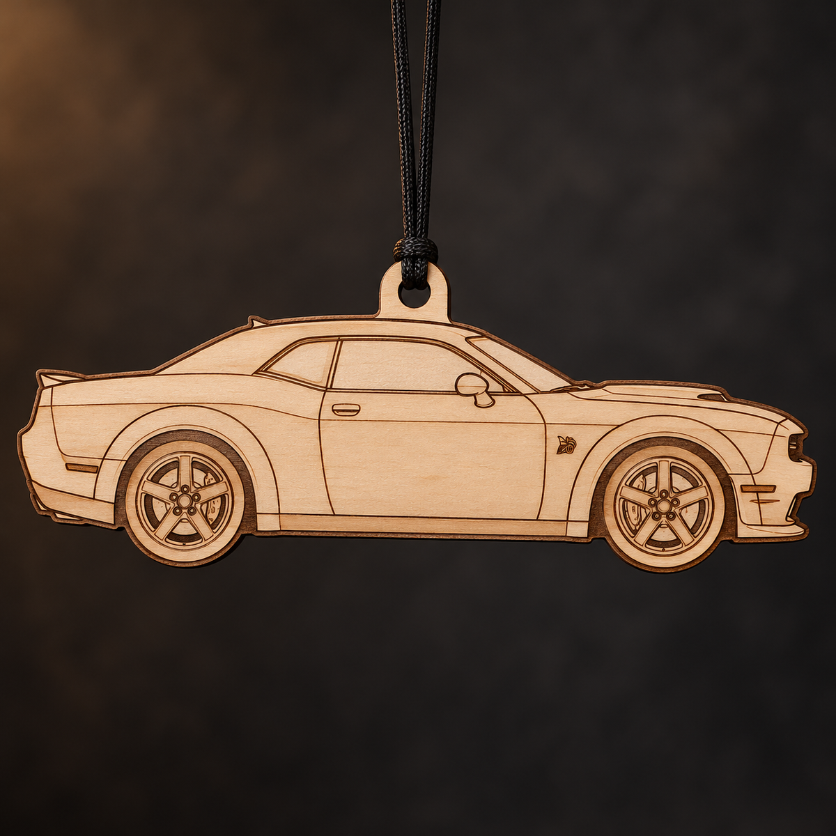 2019–2023 Dodge Challenger R/T Scat Pack Widebody Coupe flat Birch Ply ornament with brown laser-engraved outlines