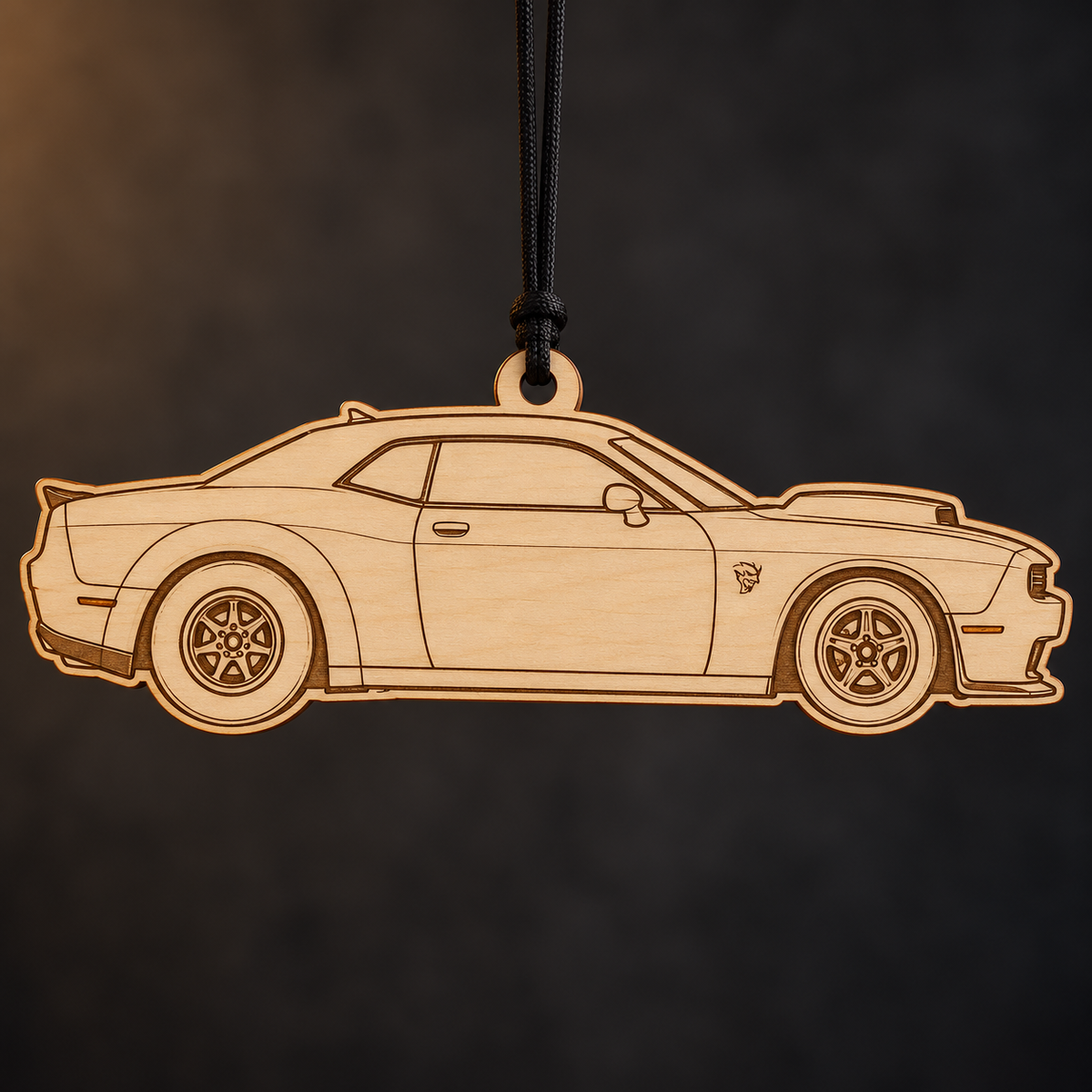 2023 Dodge Challenger SRT Demon 170 Coupe flat Birch Ply ornament with brown laser-engraved outlines