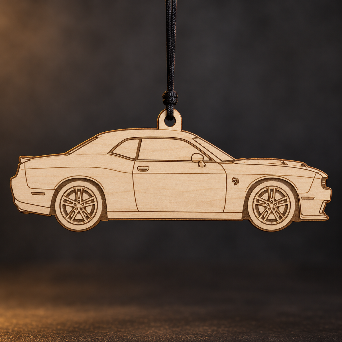 2019–2023 Dodge Challenger SRT Hellcat Coupe flat Birch Ply ornament with brown laser-engraved outlines