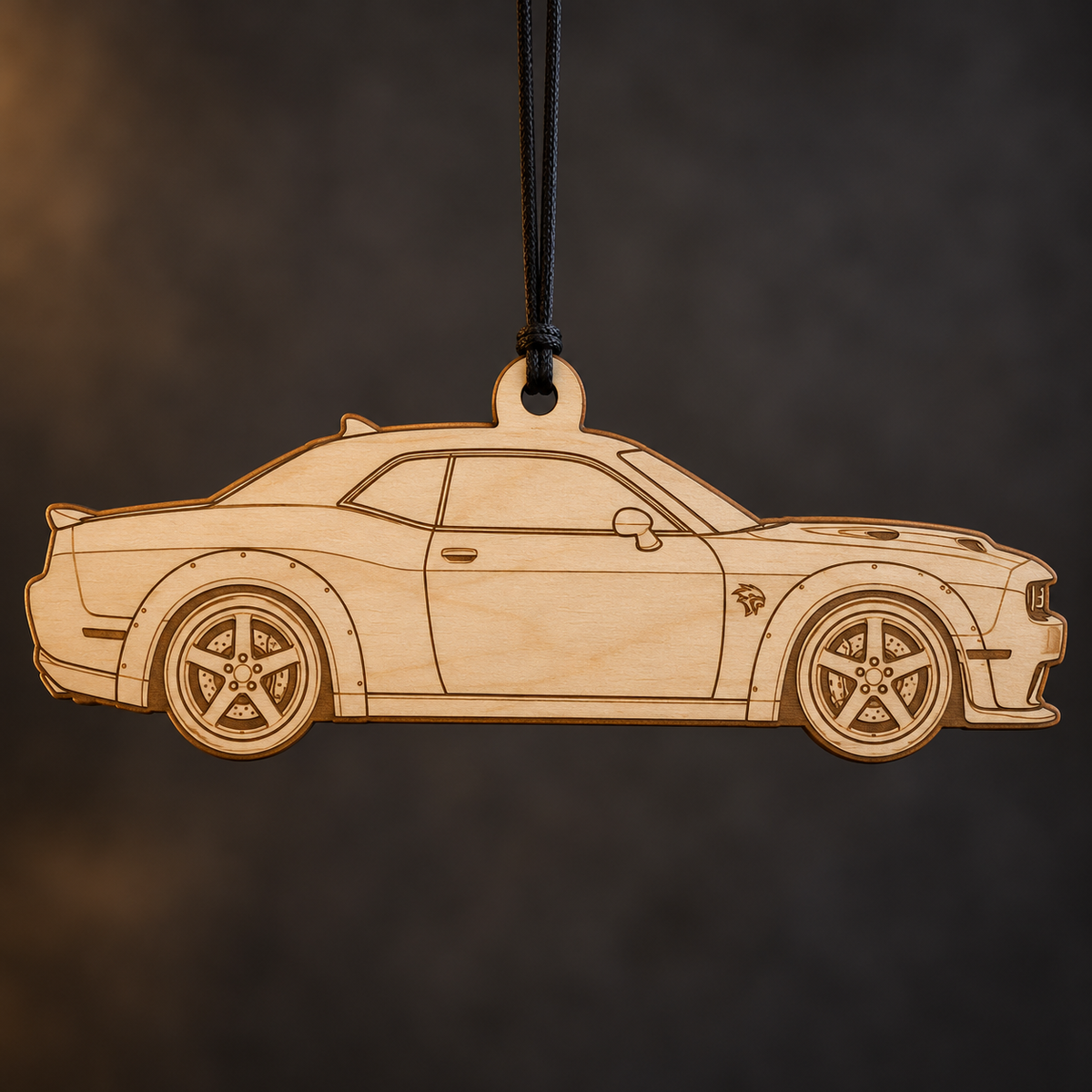 2019–2023 Dodge Challenger SRT Hellcat Widebody Coupe flat Birch Ply ornament with brown laser-engraved outlines