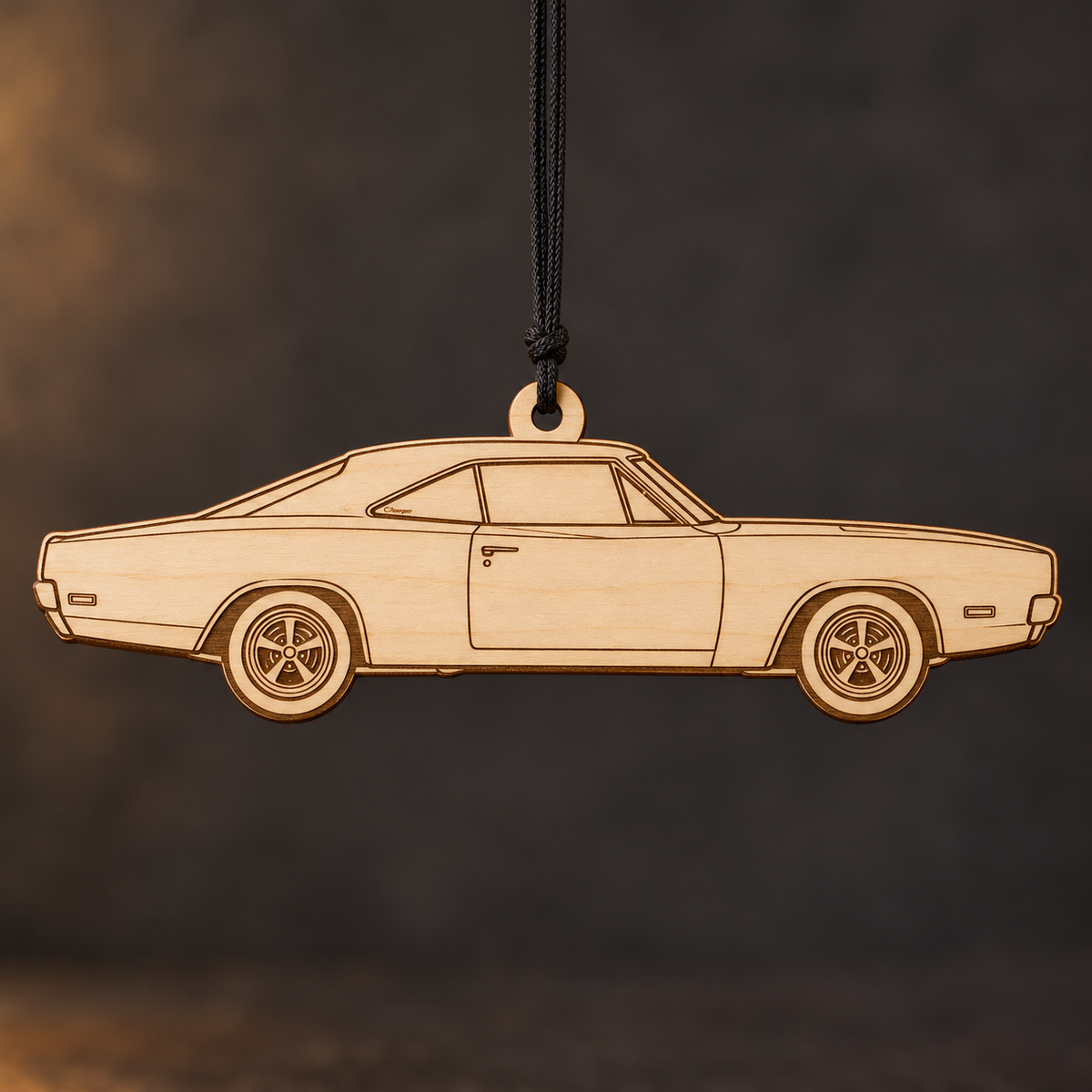 1969 Dodge Charger Coupe flat Birch Ply ornament with brown laser-engraved outlines