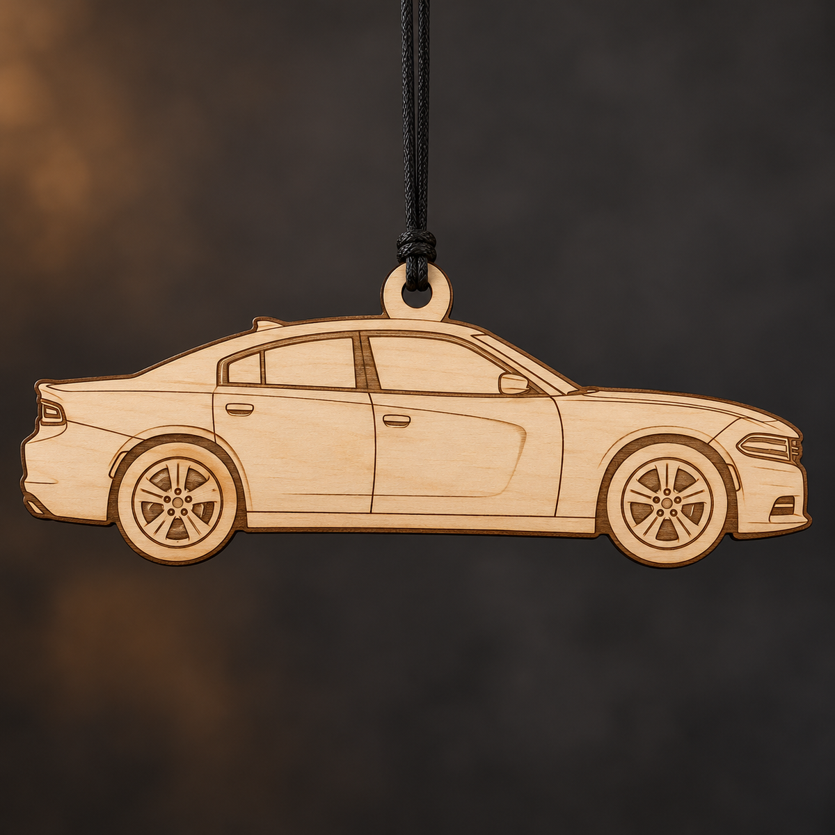 2015 Dodge Charger Sedan flat Birch Ply ornament with brown laser-engraved outlines