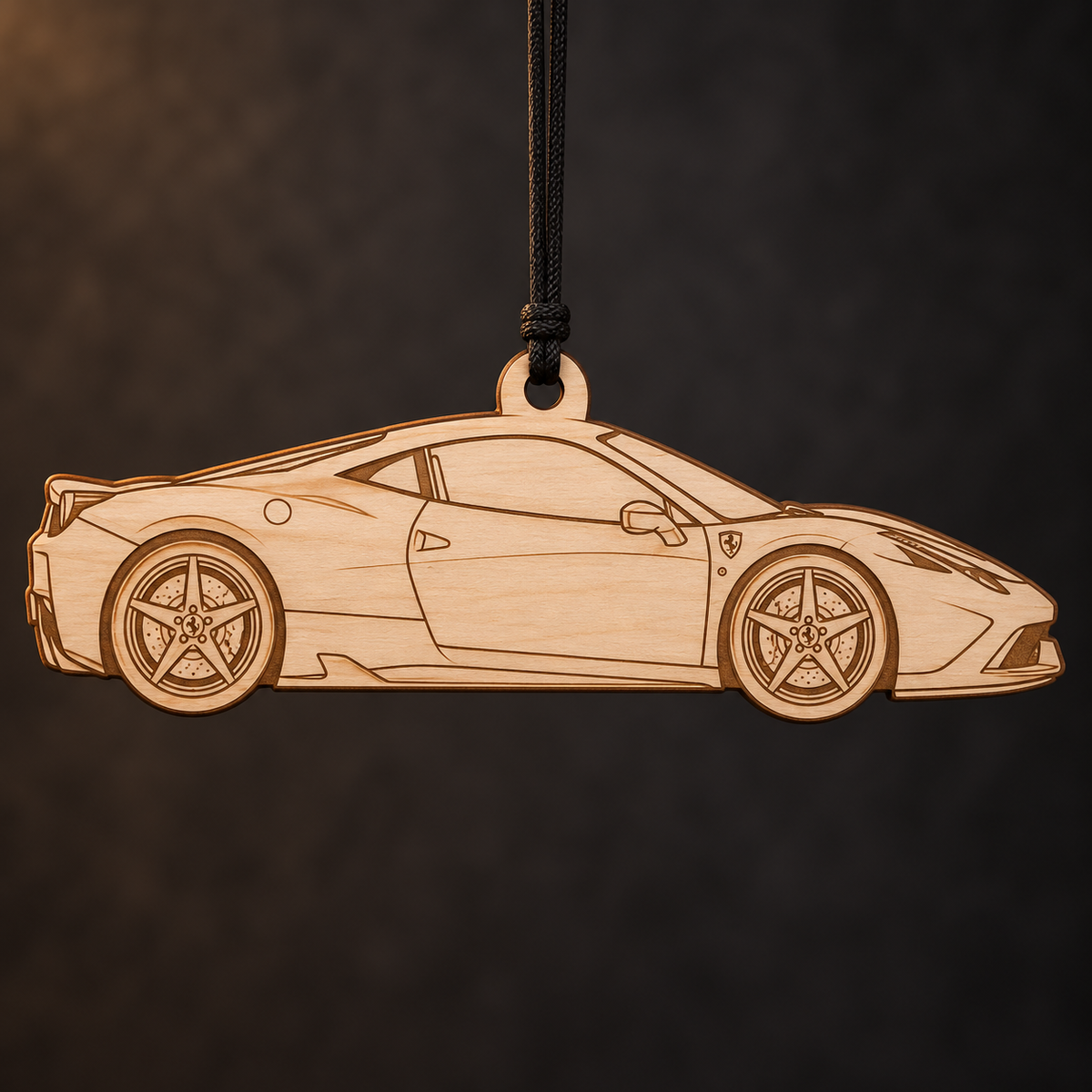 2014–2015 Ferrari 458 Speciale Coupe flat Birch Ply ornament with brown laser-engraved outlines