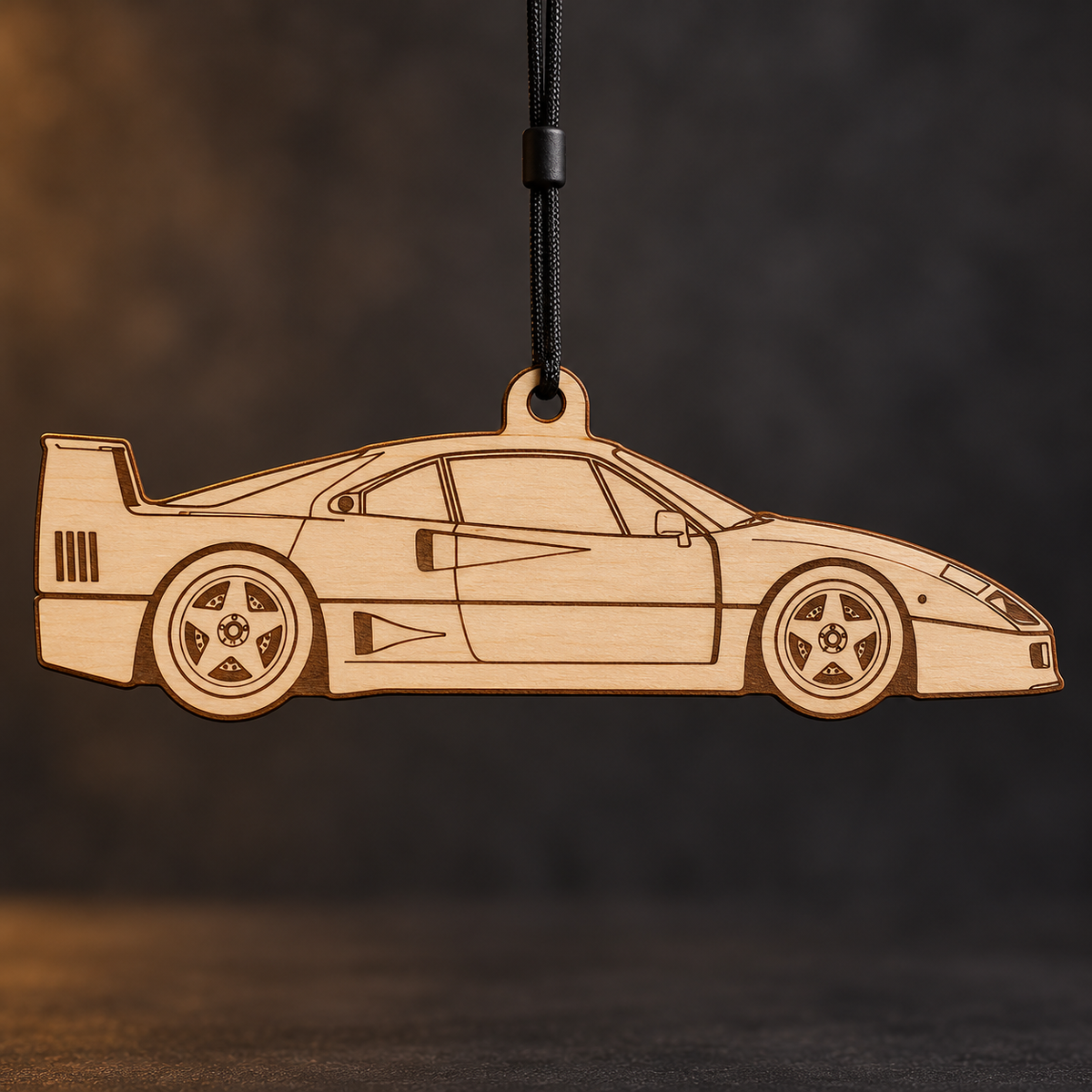 1990 Ferrari F40 Coupe flat Birch Ply ornament with brown laser-engraved outlines