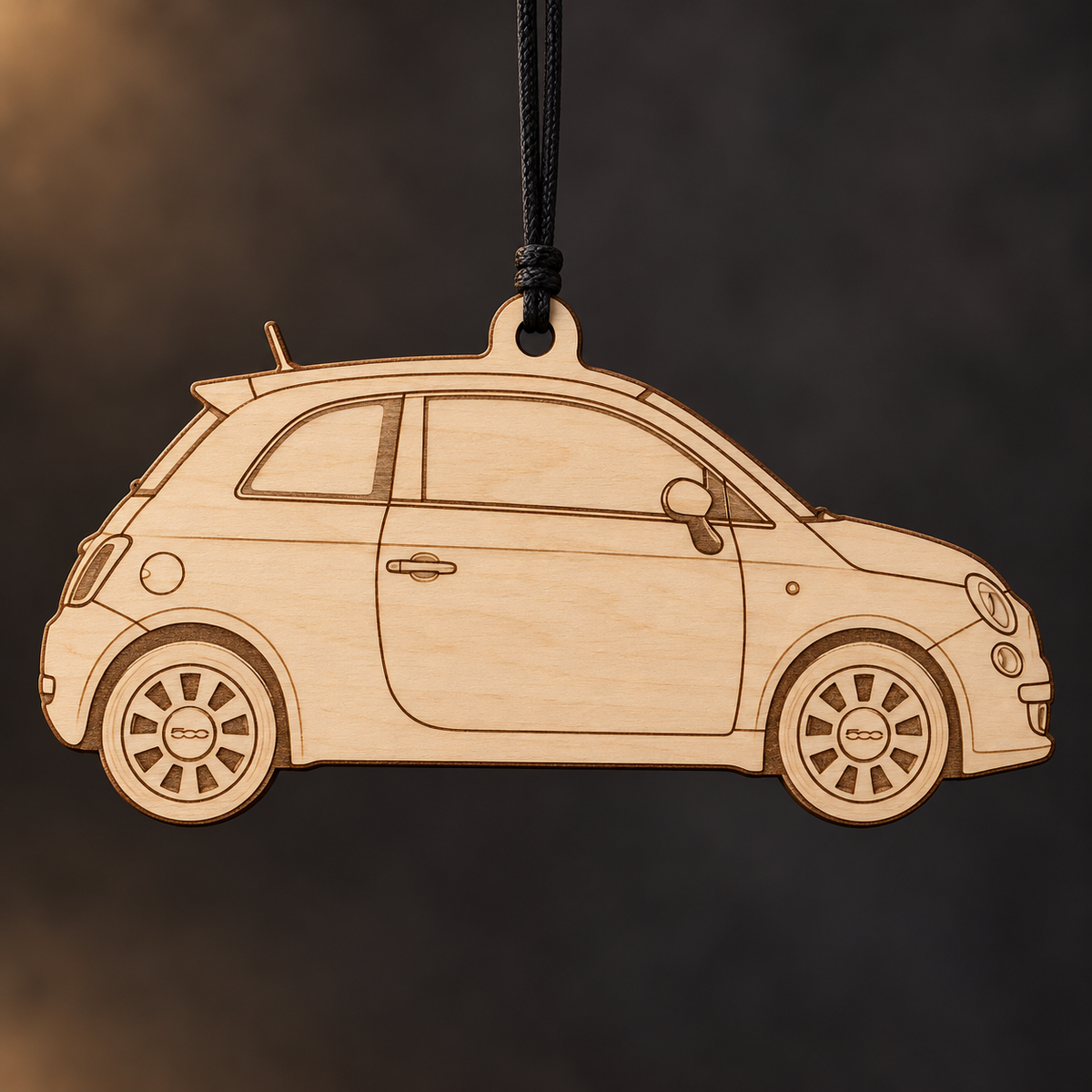 2013 Fiat 500 Hatchback flat Birch Ply ornament with brown laser-engraved outlines