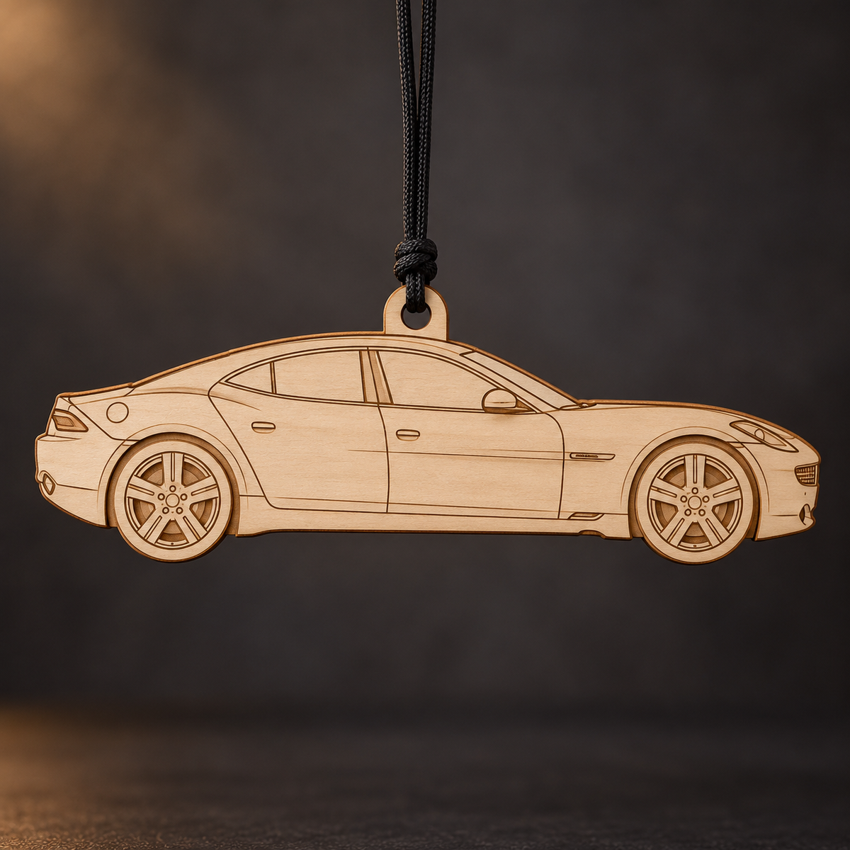 2012 Fisker Karma Sedan flat Birch Ply ornament with brown laser-engraved outlines