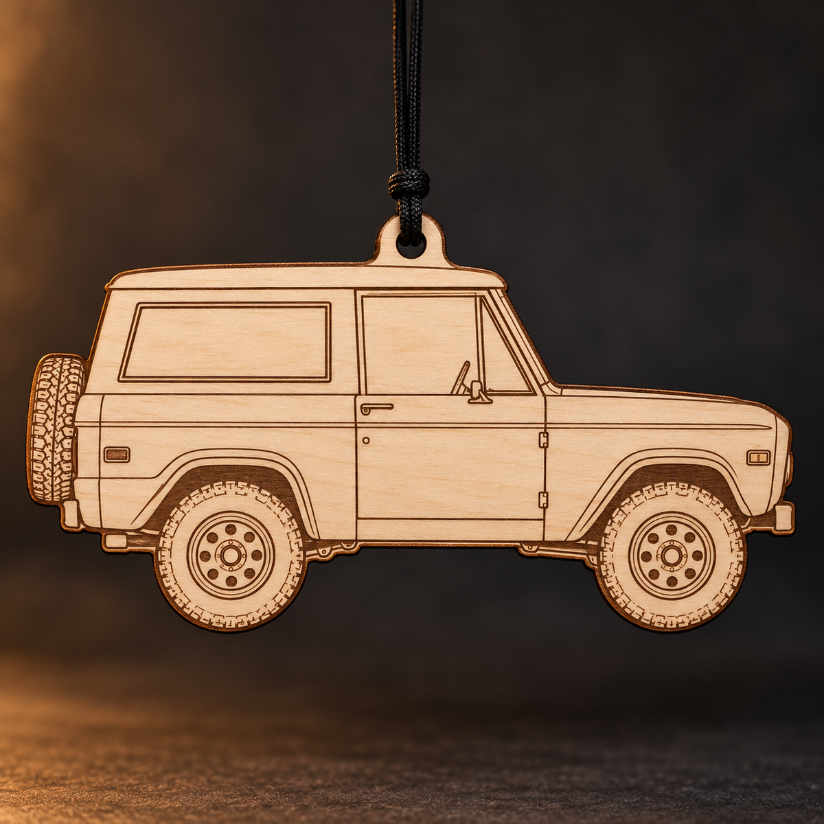 1973 Ford Bronco SUV flat Birch Ply ornament with brown laser-engraved outlines