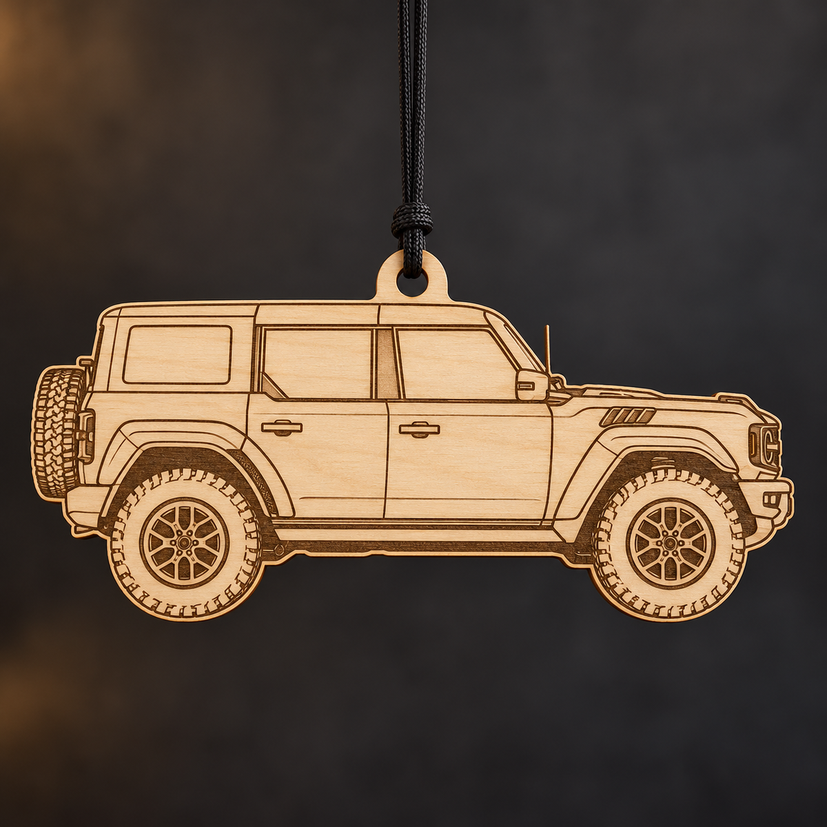 2022–2025 Ford Bronco Raptor SUV flat Birch Ply ornament with brown laser-engraved outlines