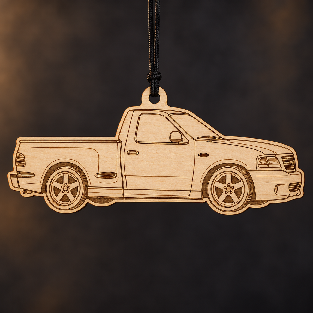 2001–2004 Ford F-150 SVT Lightning Pickup flat Birch Ply ornament with brown laser-engraved outlines