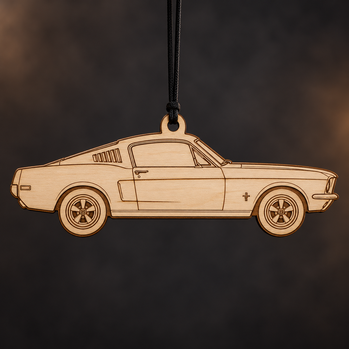 1967 Ford Mustang Fastback flat Birch Ply ornament with brown laser-engraved outlines