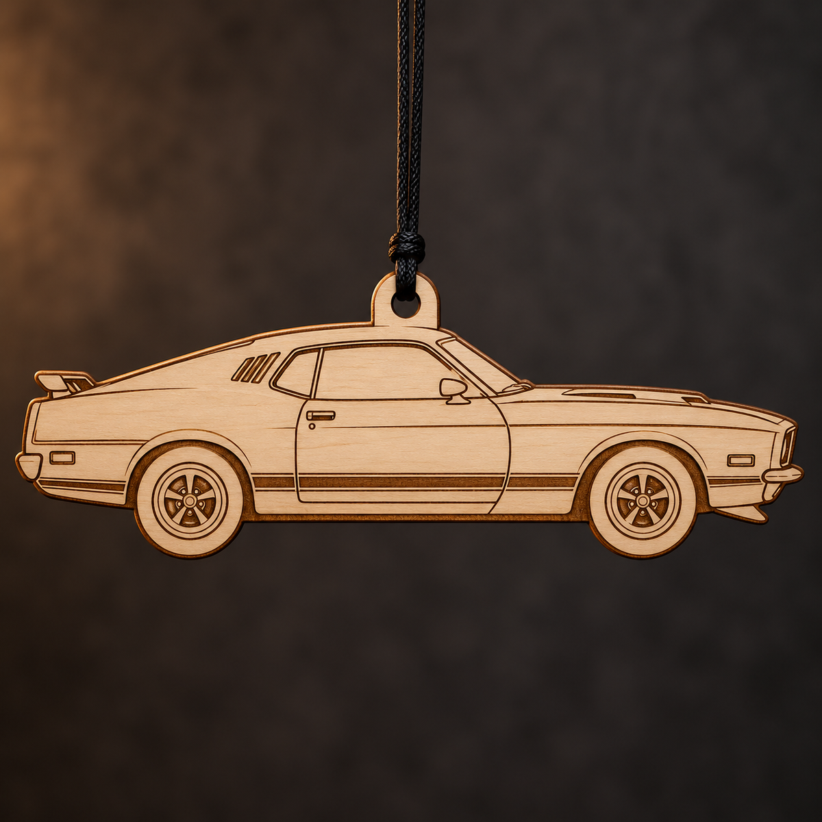 1971–1972 Ford Mustang Mach 1 Fastback flat Birch Ply ornament with brown laser-engraved outlines