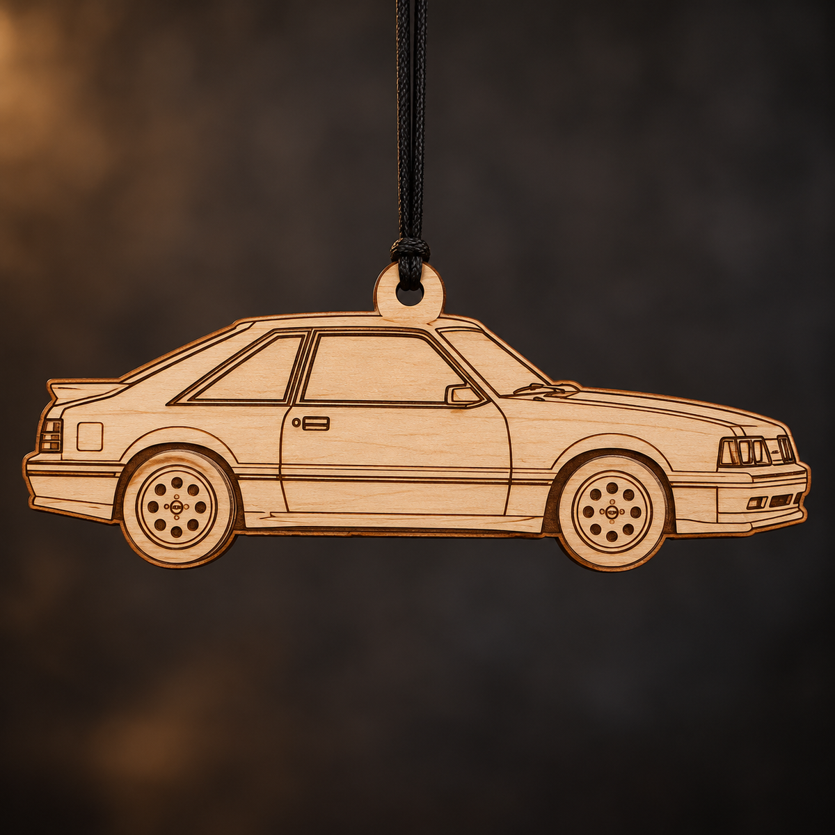 1985–1986 Ford Mustang GT Hatchback flat Birch Ply ornament with brown laser-engraved outlines