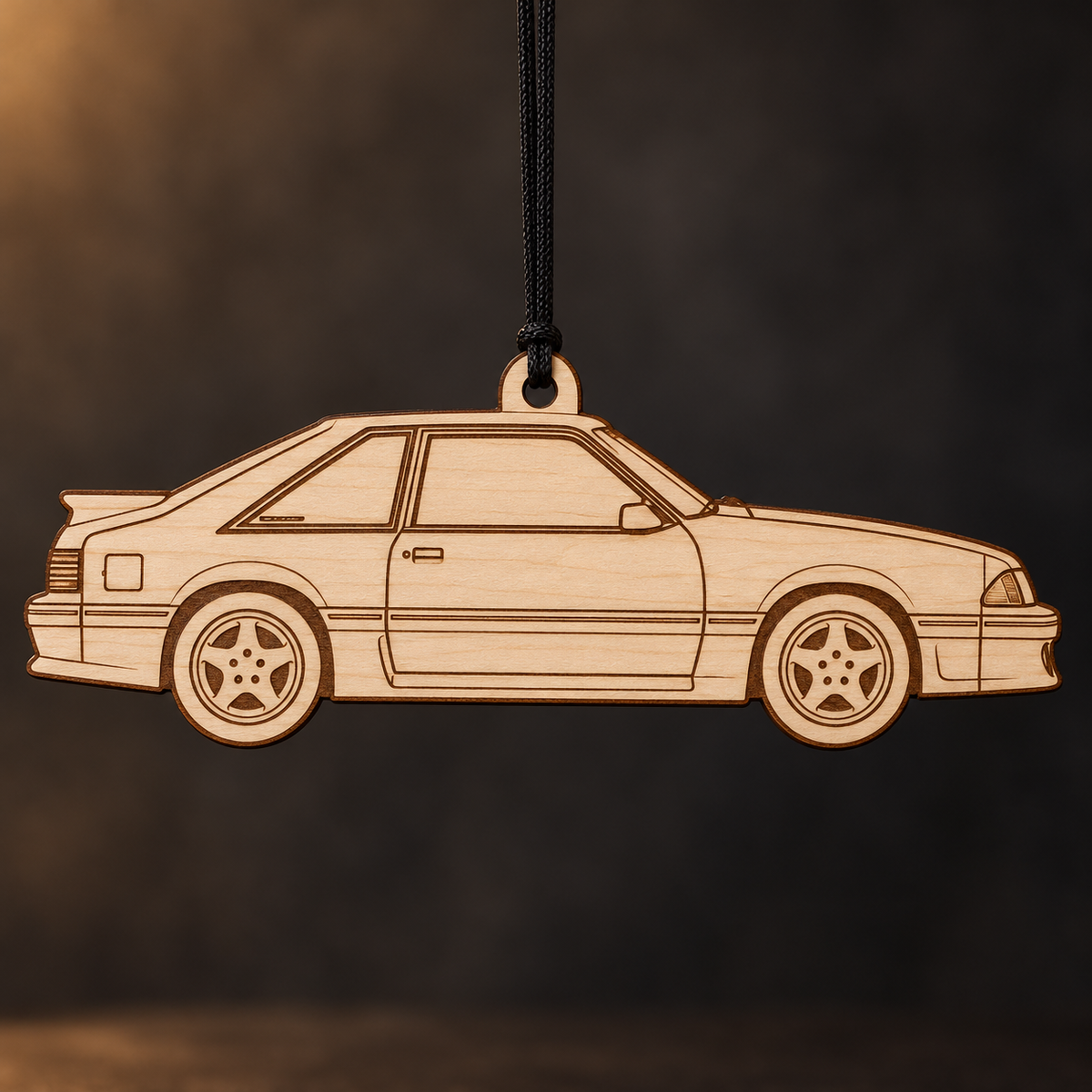 1990 Ford Mustang Hatchback flat Birch Ply ornament with brown laser-engraved outlines