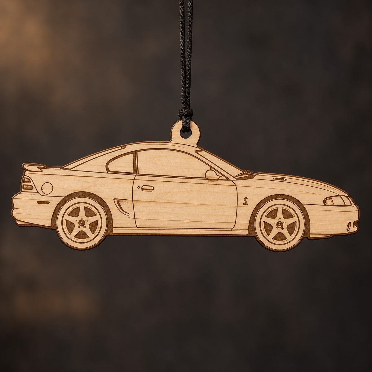 1996–1998 Ford Mustang SVT Cobra Coupe flat Birch Ply ornament with brown laser-engraved outlines