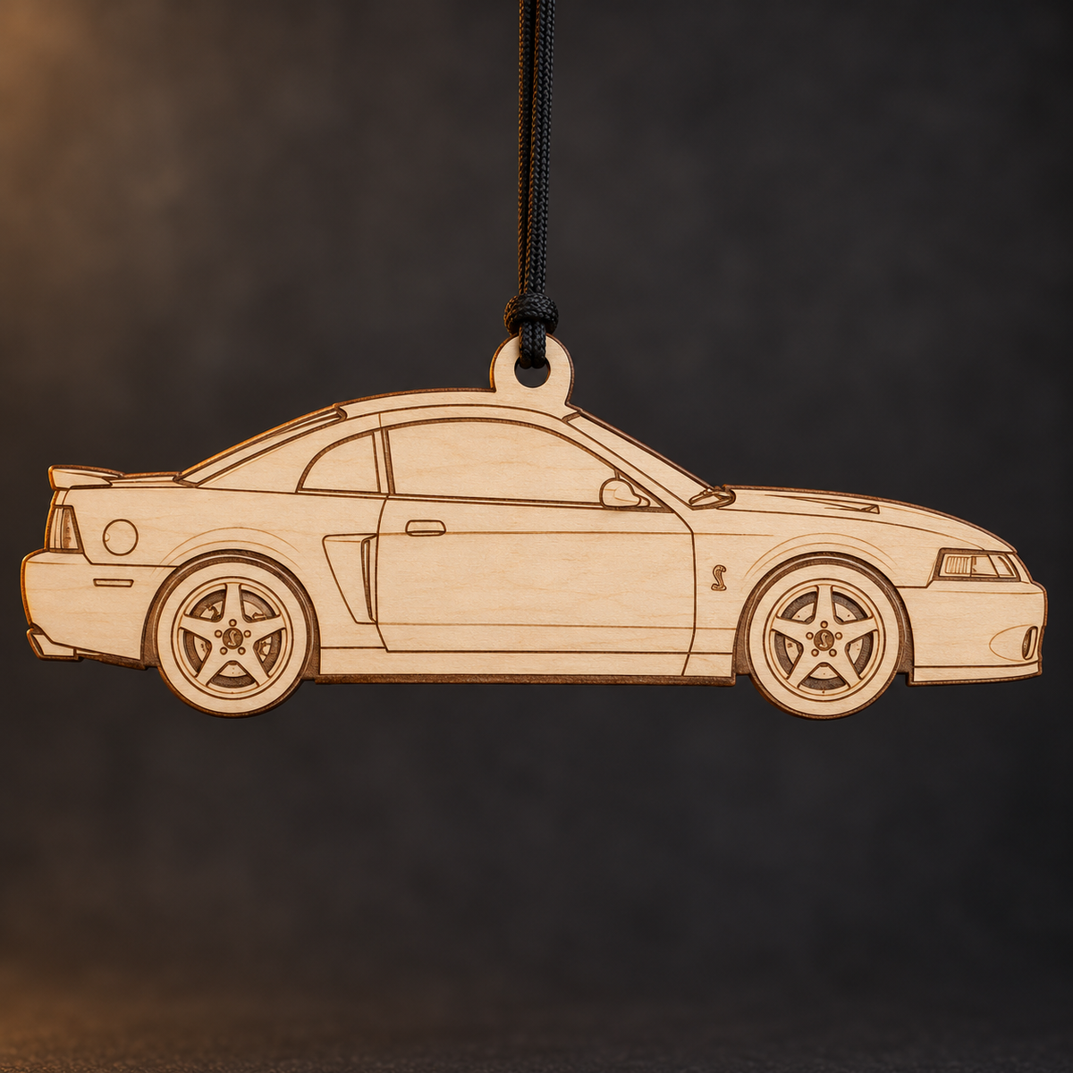 2003–2004 Ford Mustang SVT Cobra Coupe flat Birch Ply ornament with brown laser-engraved outlines
