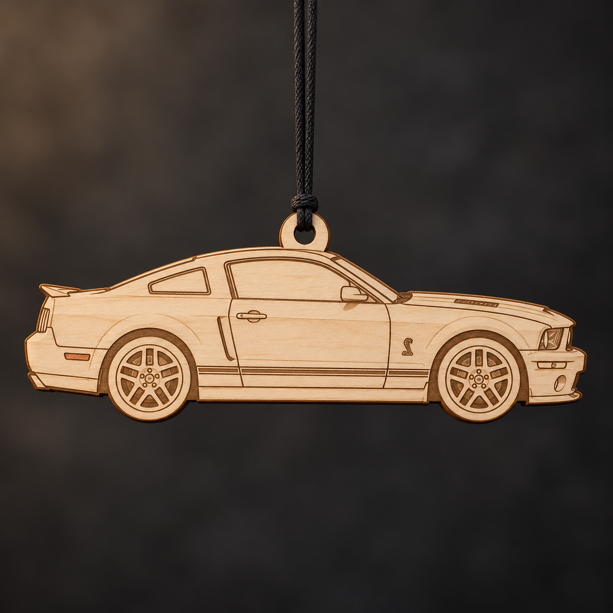 2007–2009 Ford Mustang Shelby GT500 Coupe flat Birch Ply ornament with brown laser-engraved outlines