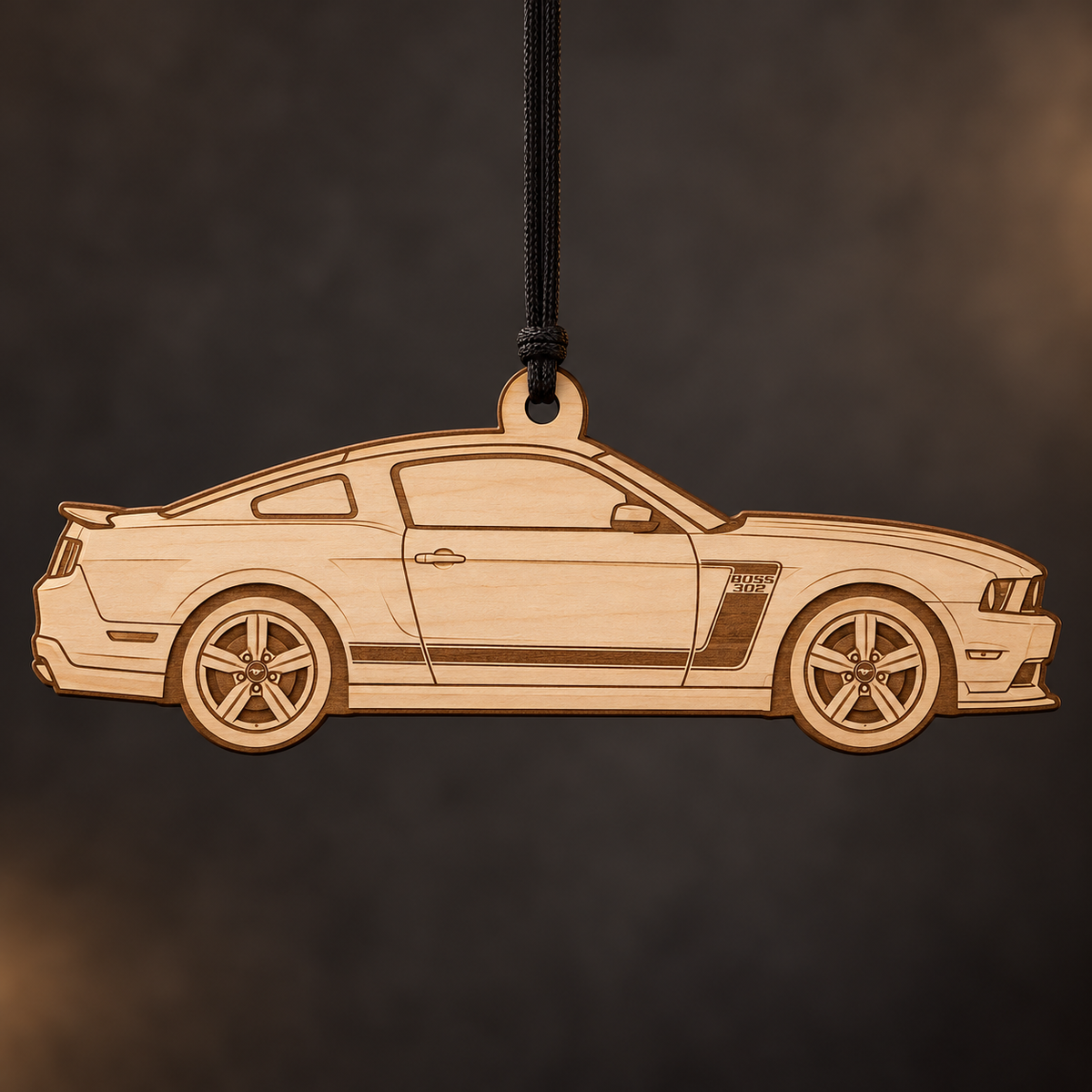 2012 Ford Mustang Boss 302 Coupe flat Birch Ply ornament with brown laser-engraved outlines