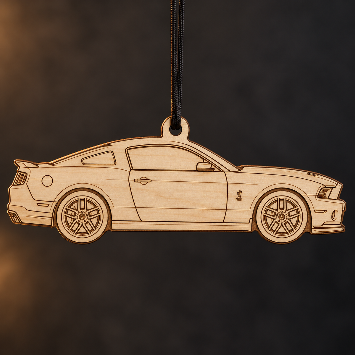 2013–2014 Ford Mustang Shelby GT500 Coupe flat Birch Ply ornament with brown laser-engraved outlines